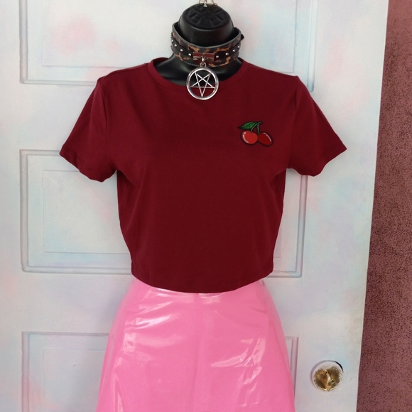 SOLD ❣️Dbl cherry accent patch black crop top! So kawaii cute! Ooak!! - Picture 2 of 6